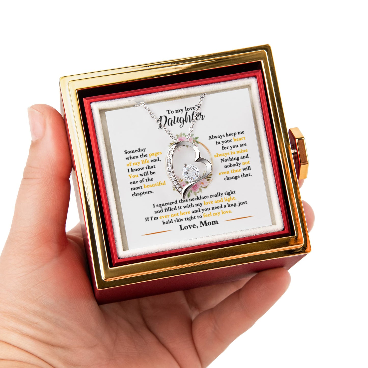 Daughter Necklace from Mom, Forever Love Pendant with Rotating Rose Box, Gift for Birthday, Valentines Day, Graduation, Christmas