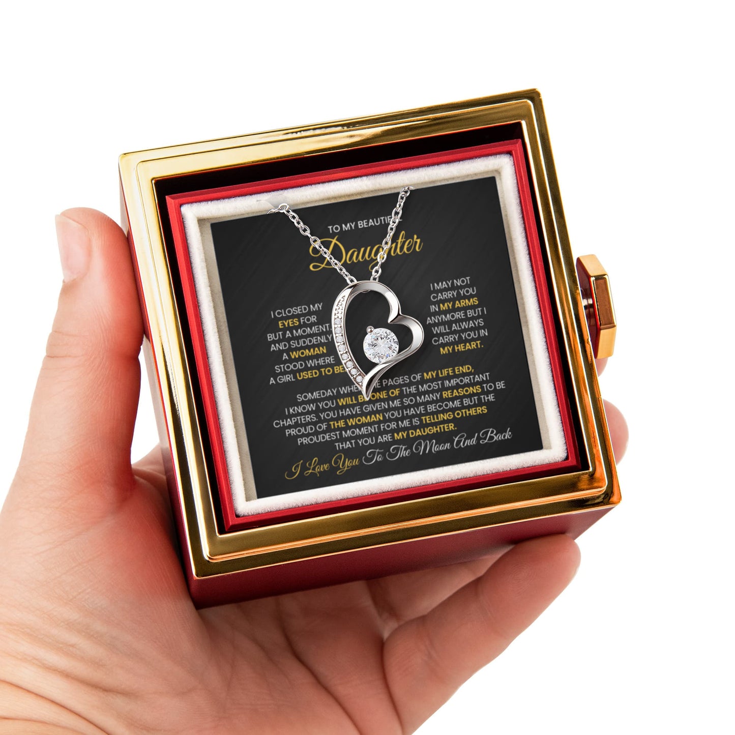 Daughter Necklace from Mom and Dad, Forever Love Pendant with Rotating Rose Box, Gift for Birthday, Valentines Day, Graduation, Christmas