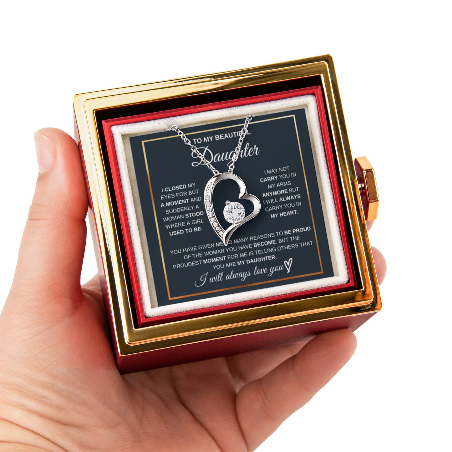 Daughter Necklace from Mom and Dad, Forever Love Pendant with Rotating Rose Box, Gift for Birthday, Valentines Day, Graduation, Christmas