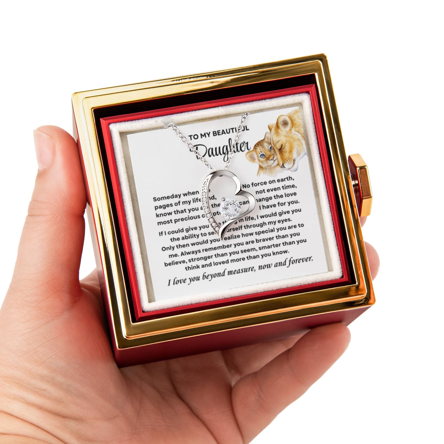 Daughter Necklace from Mom, Forever Love Pendant with Rotating Rose Box, Gift for Birthday, Valentines Day, Graduation, Christmas