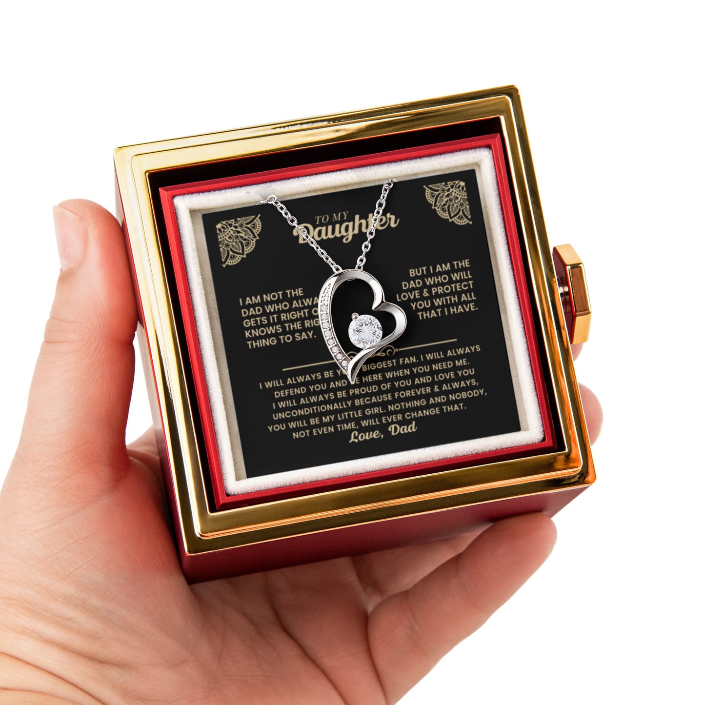 Daughter Necklace from Dad, Forever Love Pendant with Rotating Rose Box, Gift for Birthday, Valentines Day, Graduation, Christmas