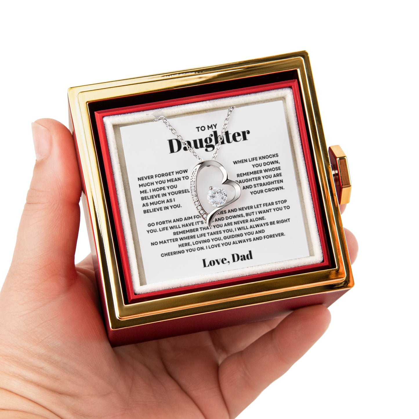 Daughter Necklace from Dad, Forever Love Pendant with Rotating Rose Box, Gift for Birthday, Valentines Day, Graduation, Christmas