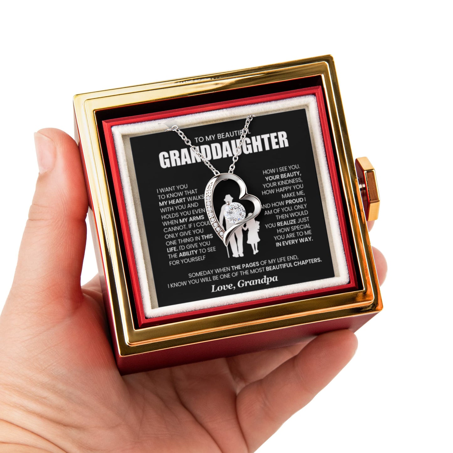 To my Granddaughter necklace from Grandpa, Forever Love Pendant with Rotating Rose Box, Gift for Birthday, Valentines Day, Graduation, Christmas