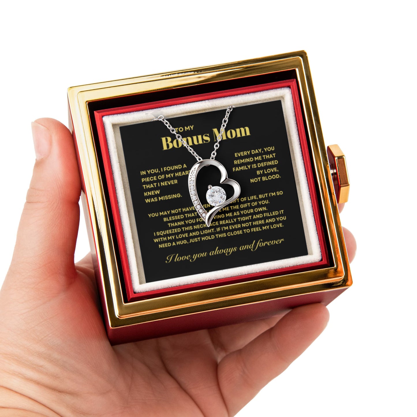 Bonus Mom Necklace Gift from Stepdaughter, Forever Love Necklace with Rotating Rose Box, Gift for mothers day, Valentines Day, Birthday