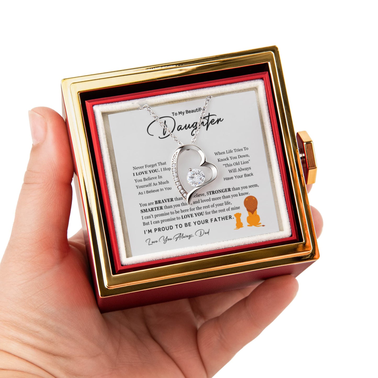 Daughter Necklace from Dad, Forever Love Pendant with Rotating Rose Box, Gift for Birthday, Valentines Day, Graduation, Christmas