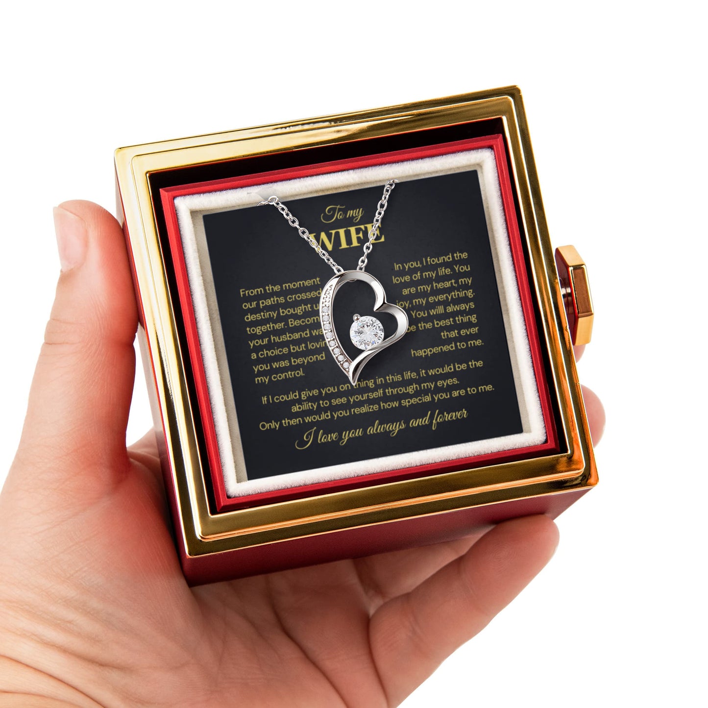 To my Wife Necklace from Husband, Forever Love Pendant with Rotating Rose Box, Gift for Anniversary, Valentines Day, Birthday