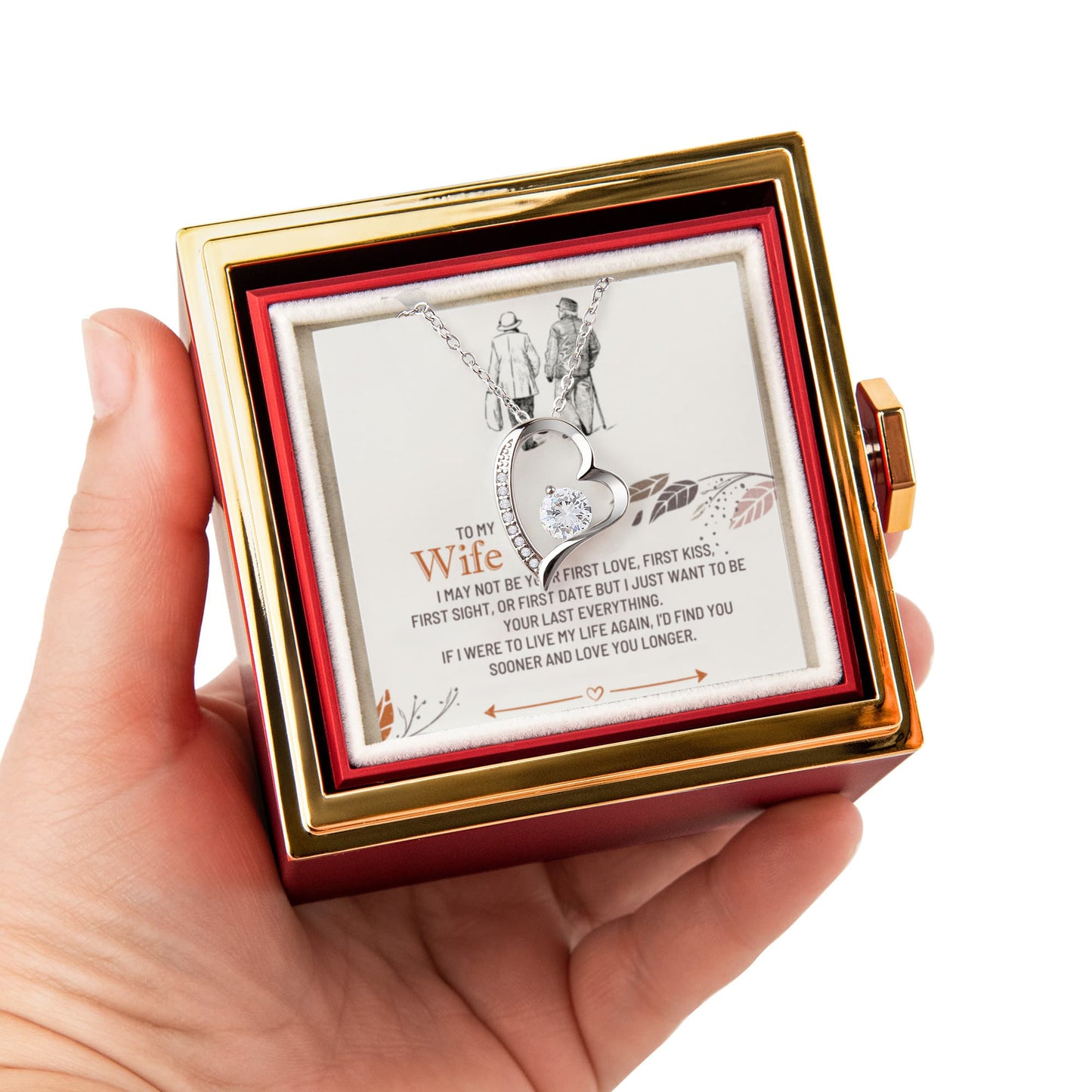 To my Wife Necklace from Husband, Forever Love Pendant with Rotating Rose Box, Gift for Anniversary, Valentines Day, Birthday