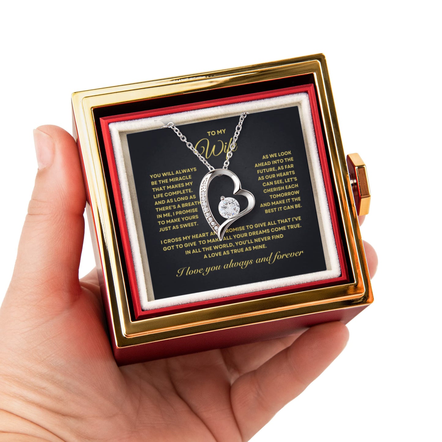 To my Wife Necklace from Husband, Forever Love Pendant with Rotating Rose Box, Gift for Anniversary, Valentines Day, Birthday