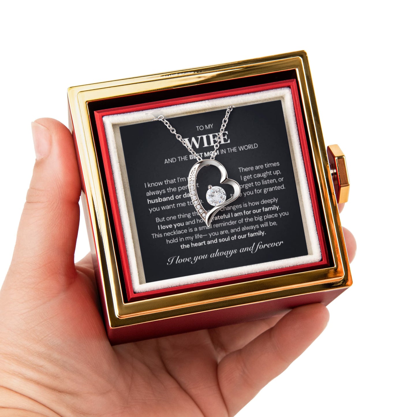 To my Wife Necklace from Husband, Forever Love Pendant with Rotating Rose Box, Gift for Mothers Day, Anniversary, Valentines Day, Birthday