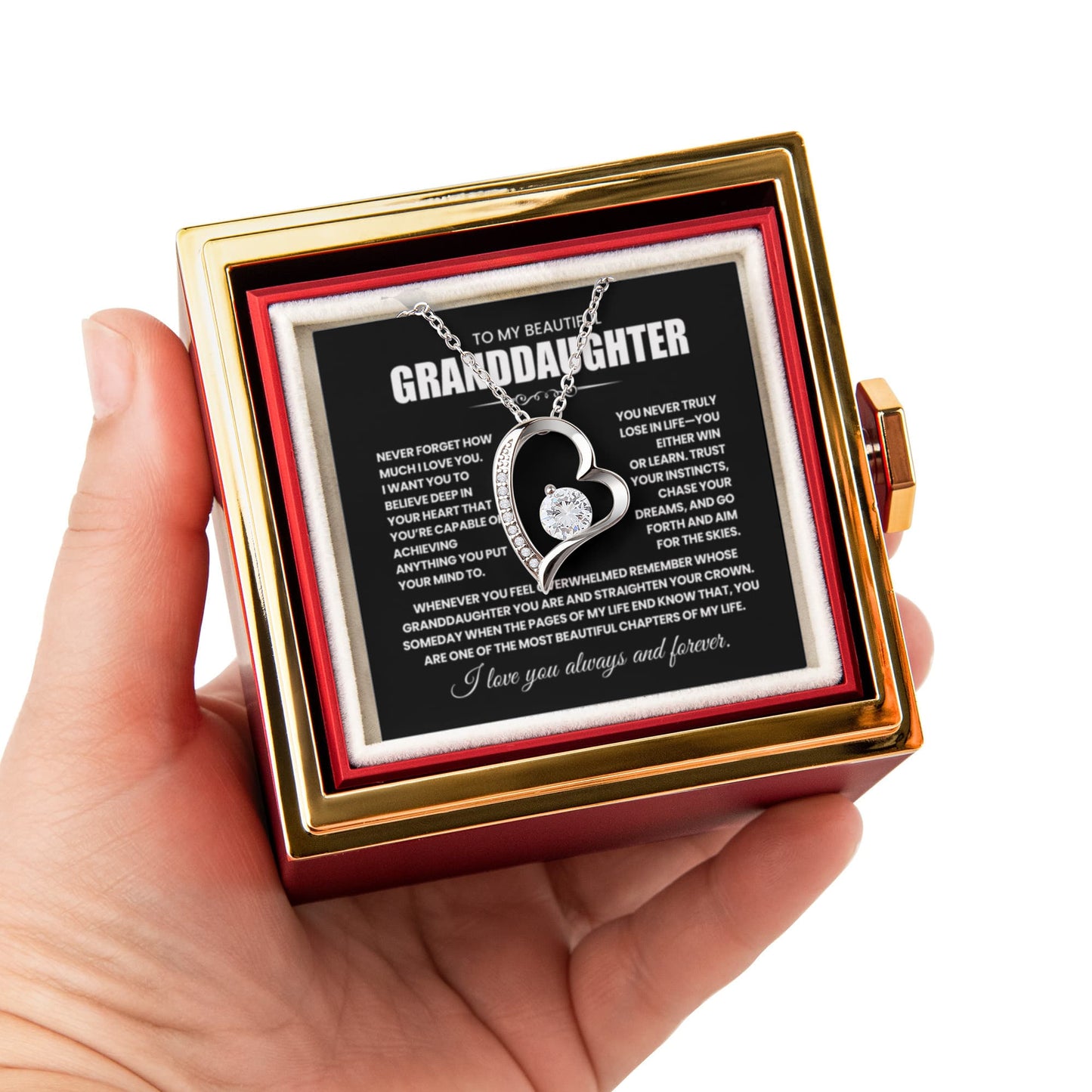 To my Granddaughter necklace from Grandparents, Forever Love Pendant with Rotating Rose Box, Gift for Birthday, Valentines Day, Graduation, Christmas