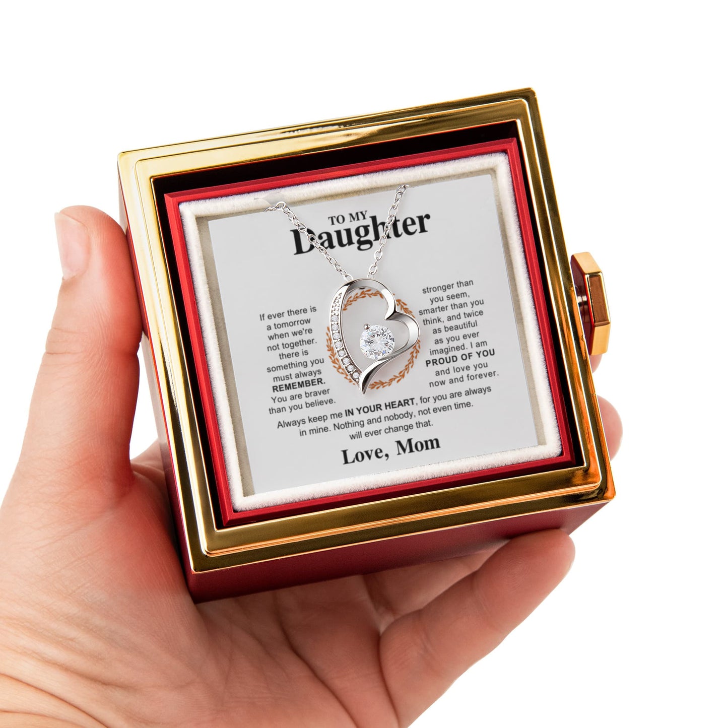 Daughter Necklace from Mom, Forever Love Pendant with Rotating Rose Box, Gift for Birthday, Valentines Day, Graduation, Christmas