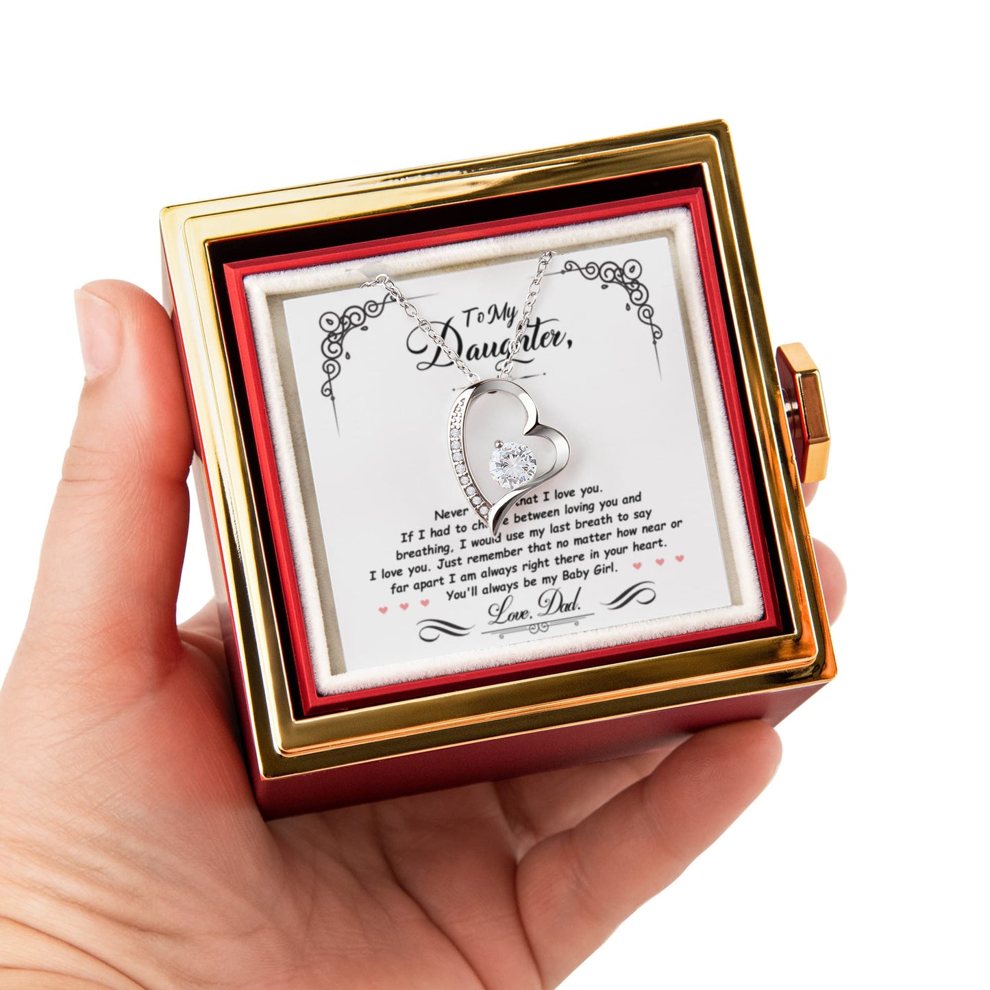 Daughter Necklace from Dad, Forever Love Pendant with Rotating Rose Box, Gift for Birthday, Valentines Day, Graduation, Christmas