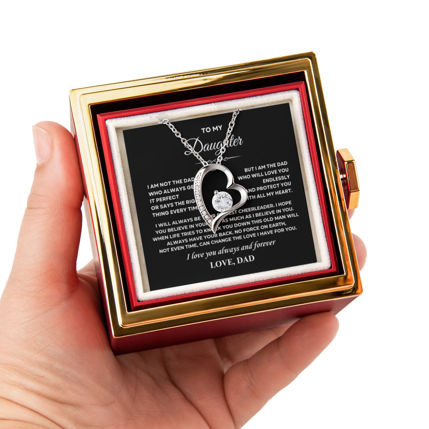 Daughter Necklace from Dad, Forever Love Pendant with Rotating Rose Box, Gift for Birthday, Valentines Day, Graduation, Christmas