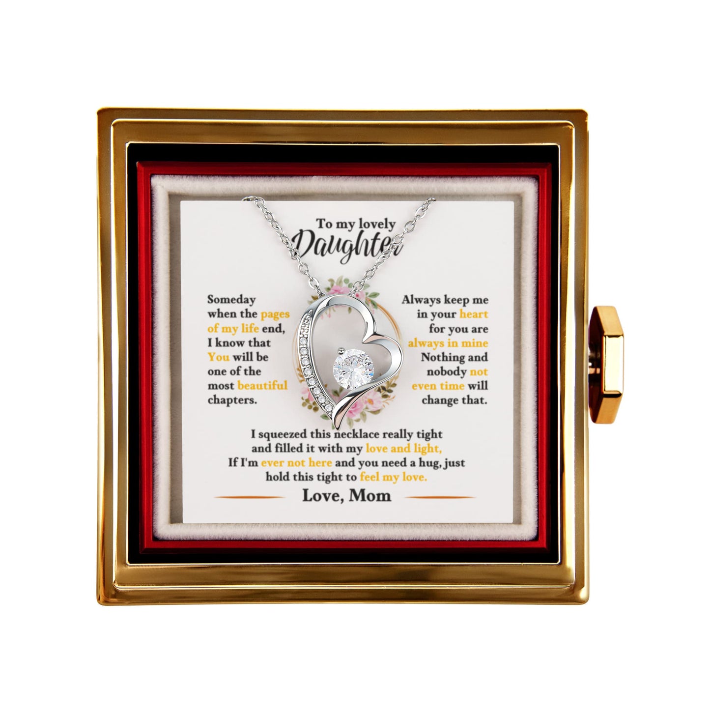 Daughter Necklace from Mom, Forever Love Pendant with Rotating Rose Box, Gift for Birthday, Valentines Day, Graduation, Christmas