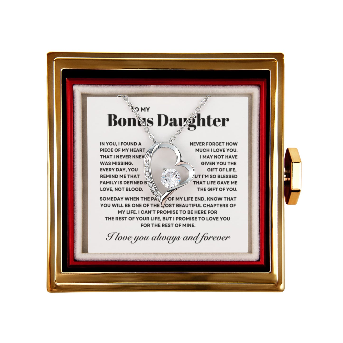 Bonus Daughter Necklace from Step Mom and Dad,  Forever Love Pendant with Rotating Rose Box, Gift for Birthday, Valentines Day, Graduation, Christmas