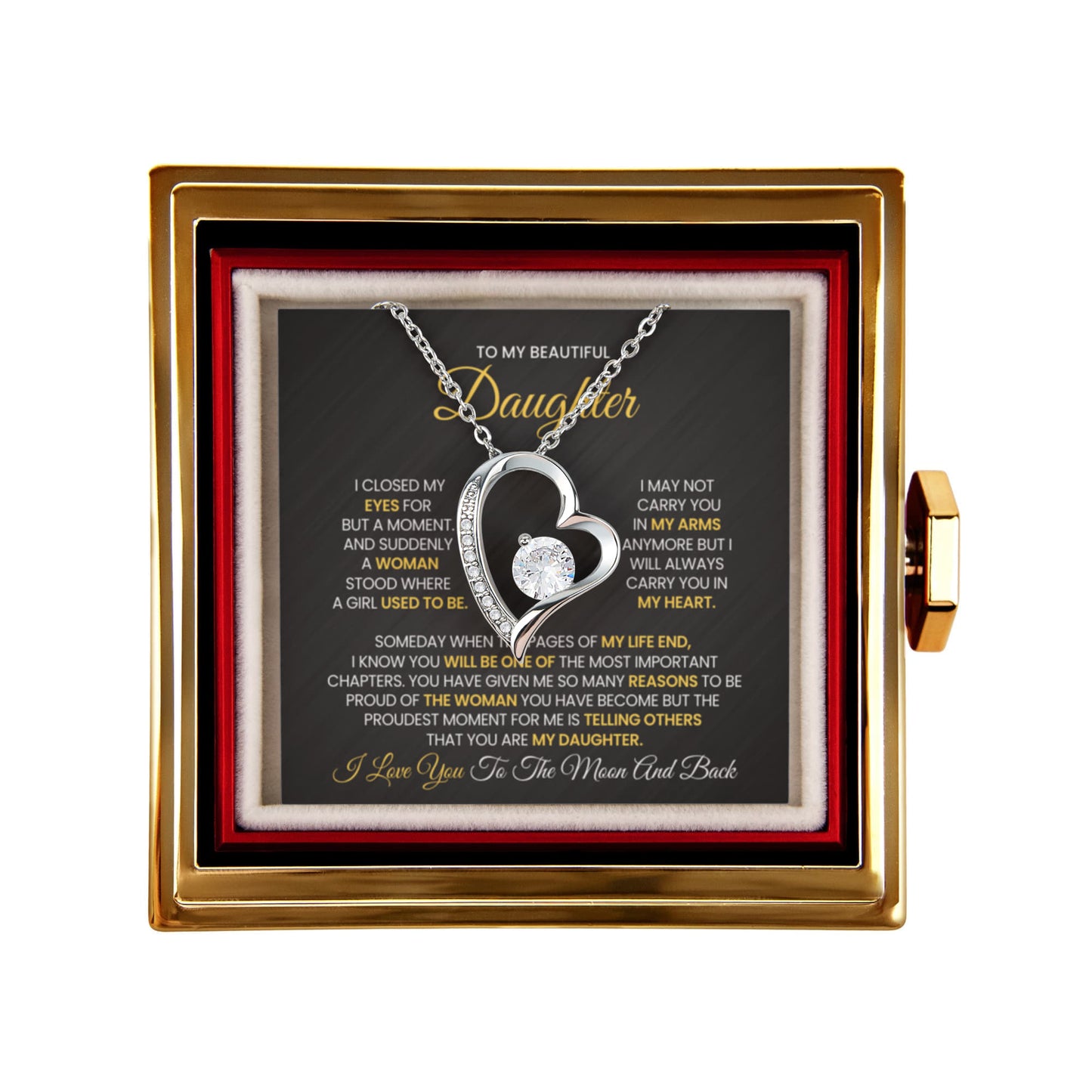 Daughter Necklace from Mom and Dad, Forever Love Pendant with Rotating Rose Box, Gift for Birthday, Valentines Day, Graduation, Christmas