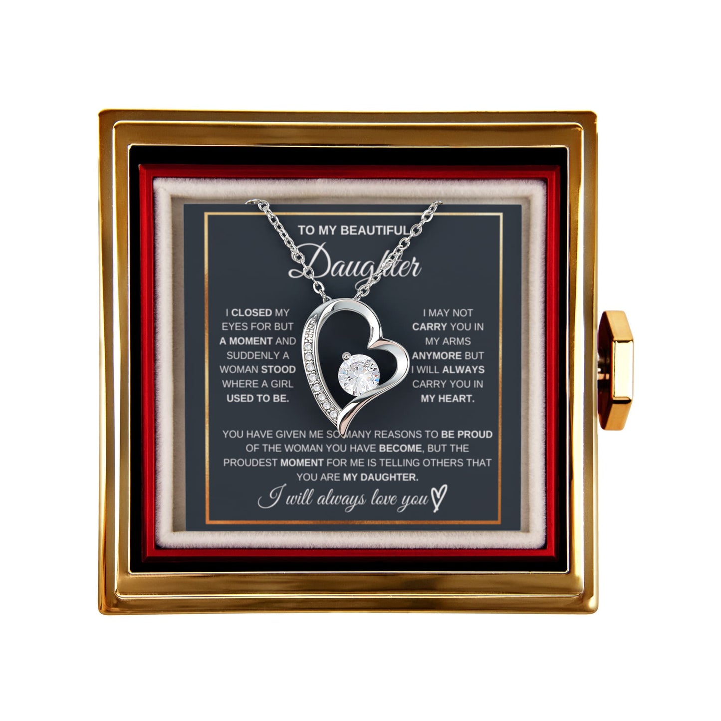 Daughter Necklace from Mom and Dad, Forever Love Pendant with Rotating Rose Box, Gift for Birthday, Valentines Day, Graduation, Christmas