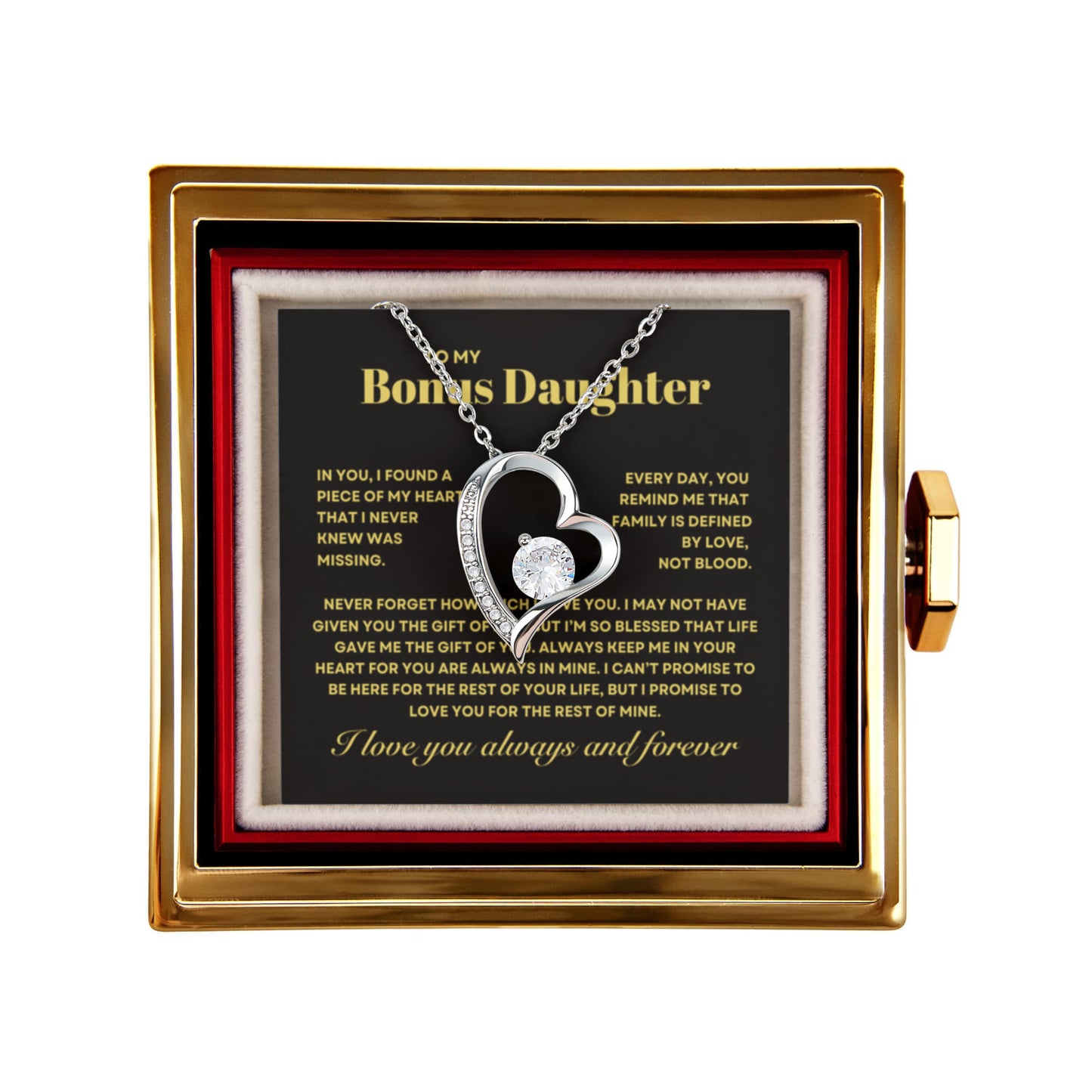 Bonus Daughter Necklace from Step Mom and Dad,  Forever Love Pendant with Rotating Rose Box, Gift for Birthday, Valentines Day, Graduation, Christmas