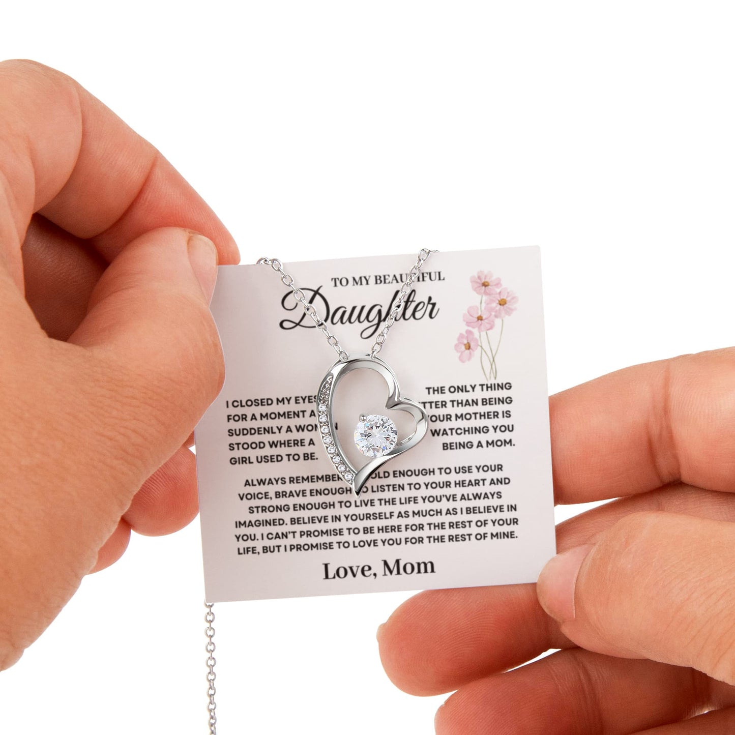 Daughter Necklace from Mom, Forever Love Pendant with Rotating Rose Box, Gift for Birthday, Valentines Day, Graduation, Christmas