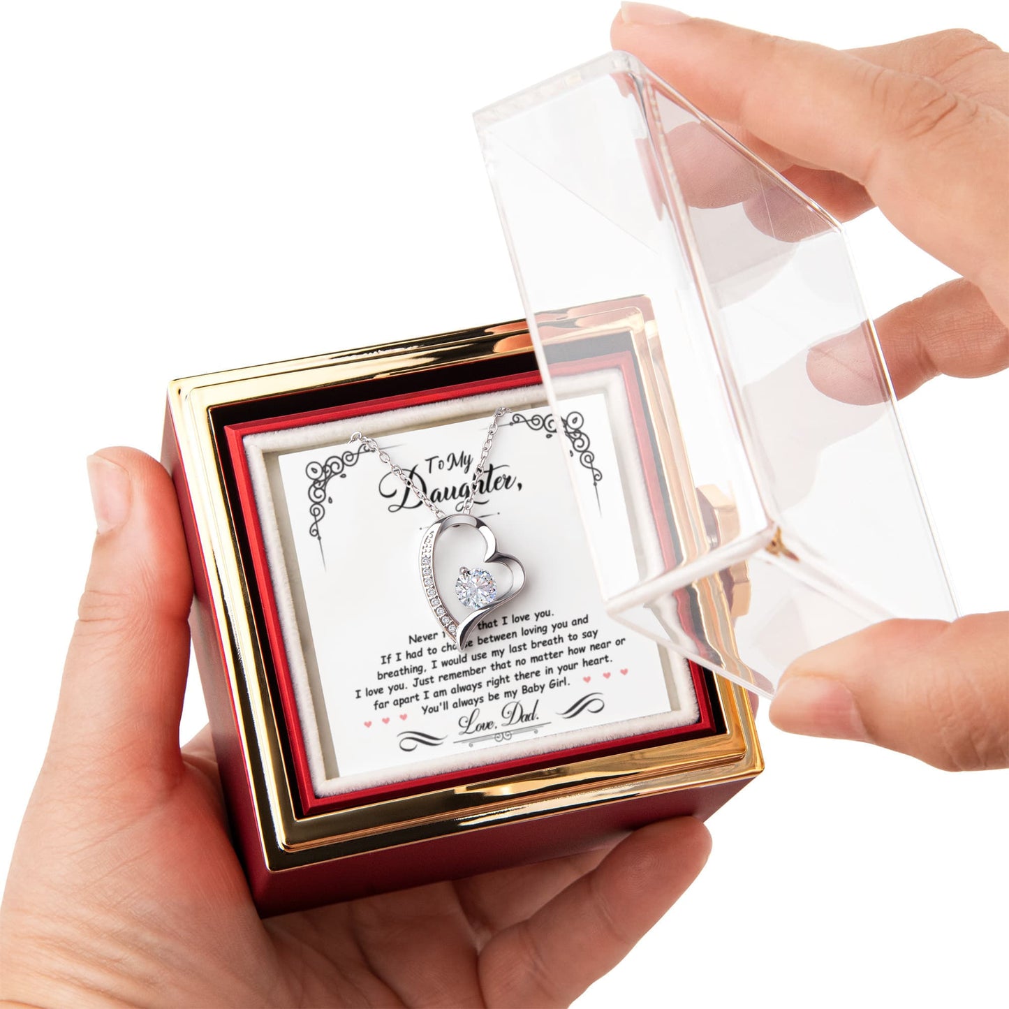 Daughter Necklace from Dad, Forever Love Pendant with Rotating Rose Box, Gift for Birthday, Valentines Day, Graduation, Christmas