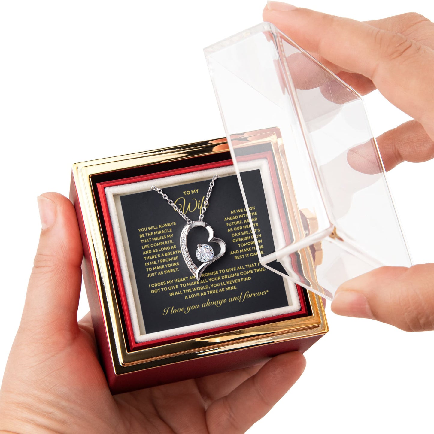 To my Wife Necklace from Husband, Forever Love Pendant with Rotating Rose Box, Gift for Anniversary, Valentines Day, Birthday