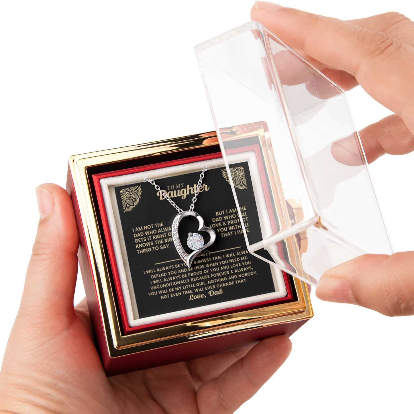 Daughter Necklace from Dad, Forever Love Pendant with Rotating Rose Box, Gift for Birthday, Valentines Day, Graduation, Christmas