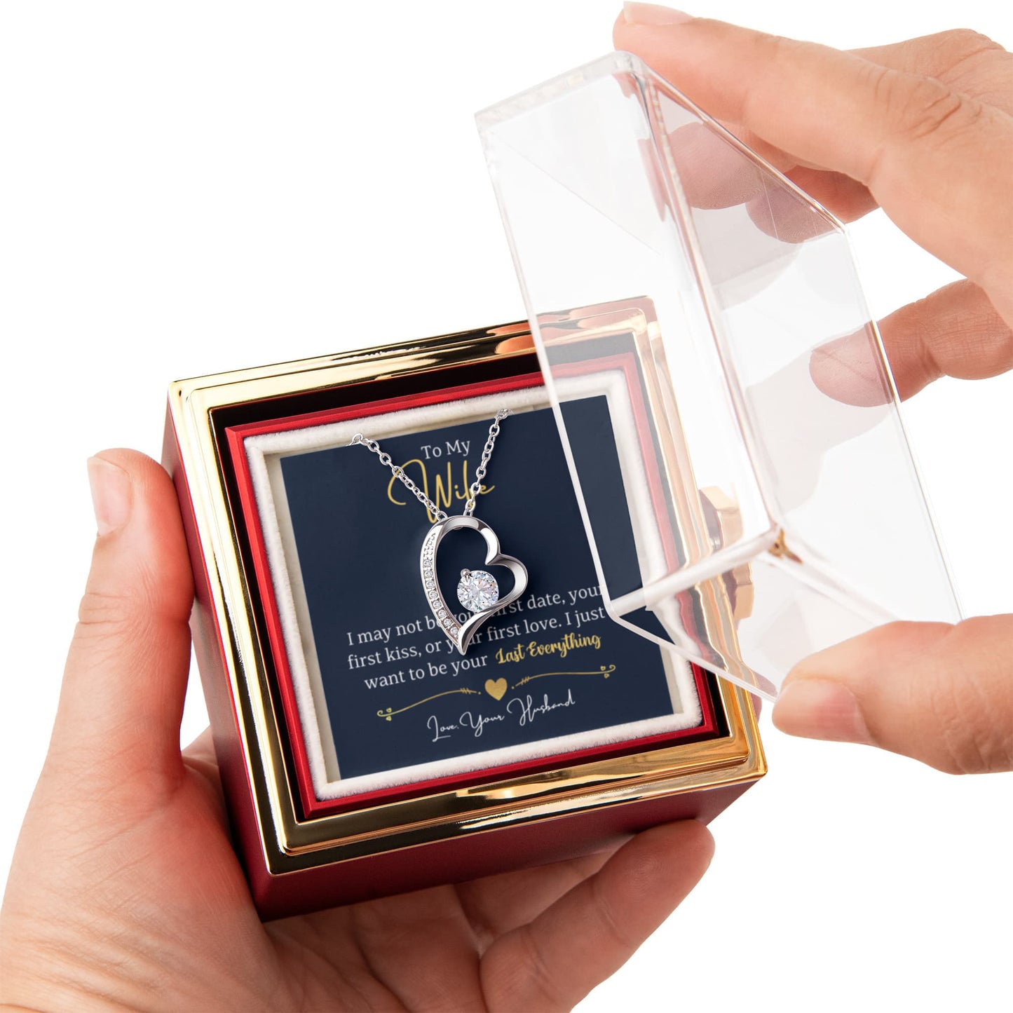 To my  Wife Necklace from Husband, Forever Love Pendant with Rotating Rose Box, Gift for Anniversary, Valentines Day, Birthday