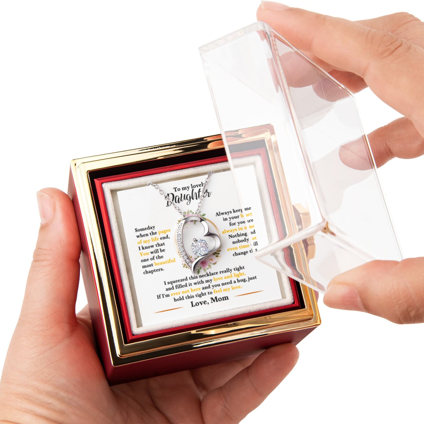 Daughter Necklace from Mom, Forever Love Pendant with Rotating Rose Box, Gift for Birthday, Valentines Day, Graduation, Christmas