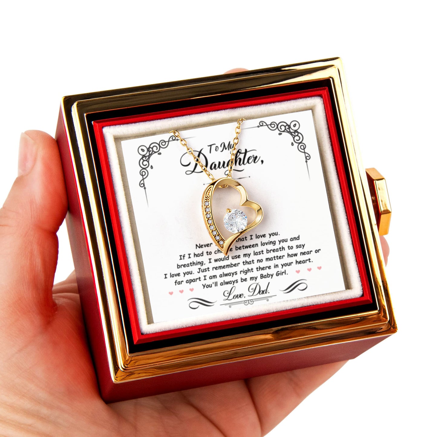 Daughter Necklace from Dad, Forever Love Pendant with Rotating Rose Box, Gift for Birthday, Valentines Day, Graduation, Christmas