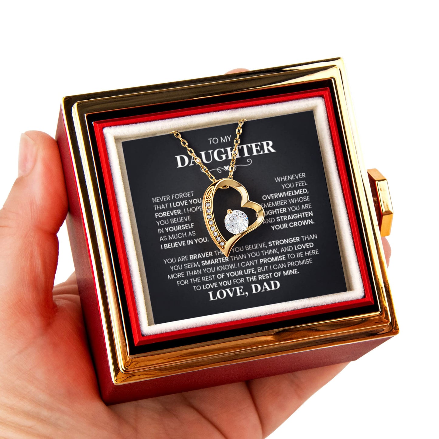 Daughter Necklace from Dad, Forever Love Pendant with Rotating Rose Box, Gift for Birthday, Valentines Day, Graduation, Christmas