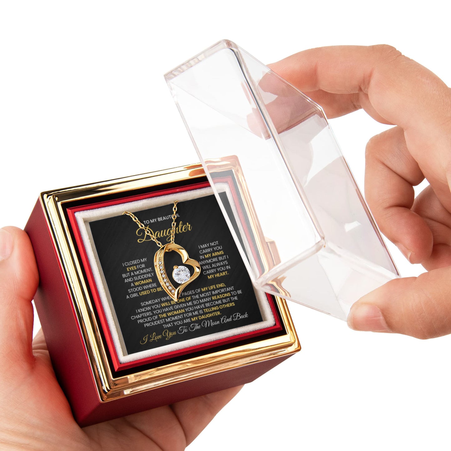 Daughter Necklace from Mom and Dad, Forever Love Pendant with Rotating Rose Box, Gift for Birthday, Valentines Day, Graduation, Christmas