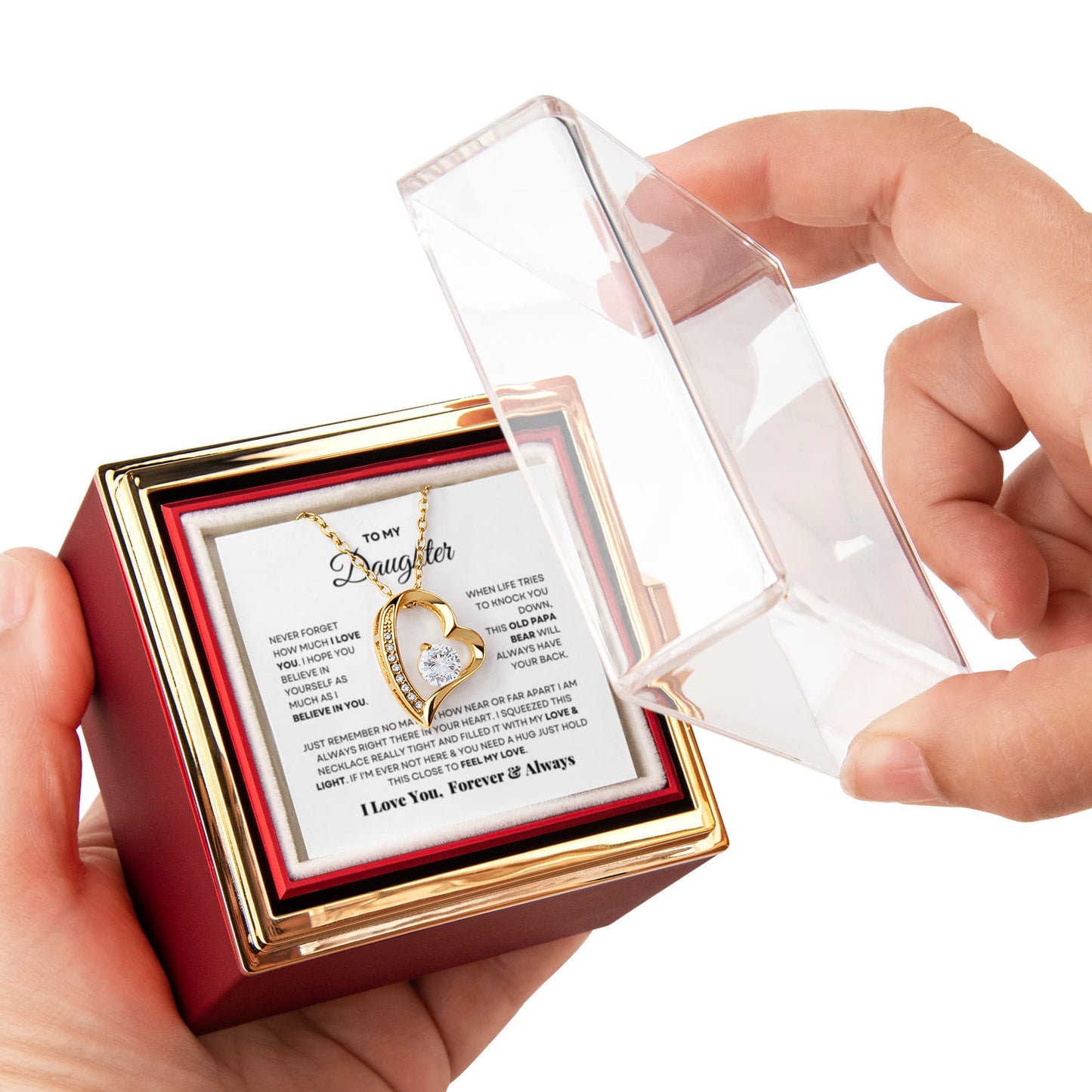 Daughter Necklace from Mom and Dad, Forever Love Pendant with Rotating Rose Box, Gift for Birthday, Valentines Day, Graduation, Christmas