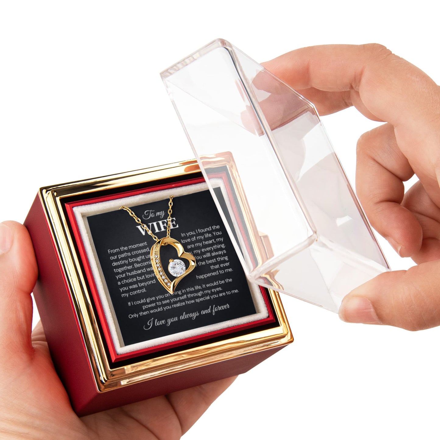 To my Wife Necklace from Husband, Forever Love Pendant with Rotating Rose Box, Gift for Anniversary, Valentines Day, Birthday