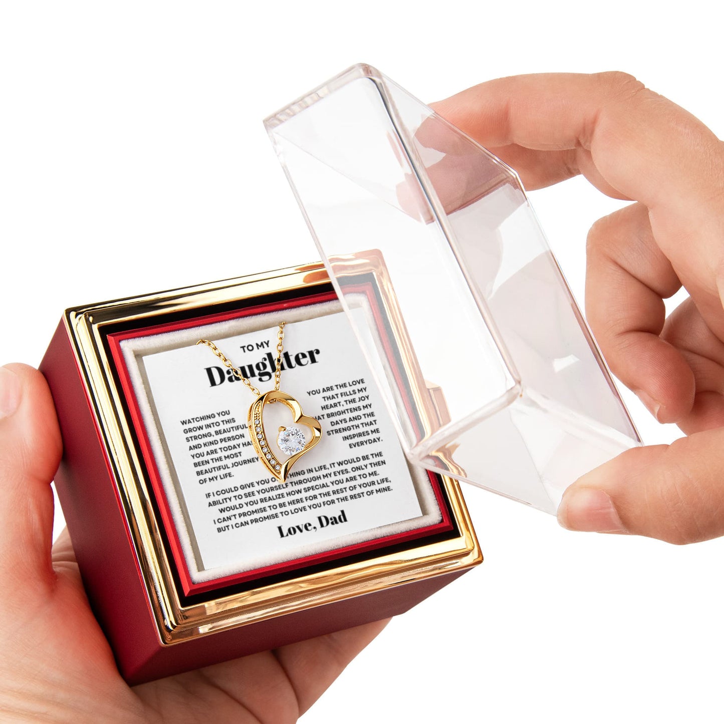 Daughter Necklace from Dad, Forever Love Pendant with Rotating Rose Box, Gift for Birthday, Valentines Day, Graduation, Christmas