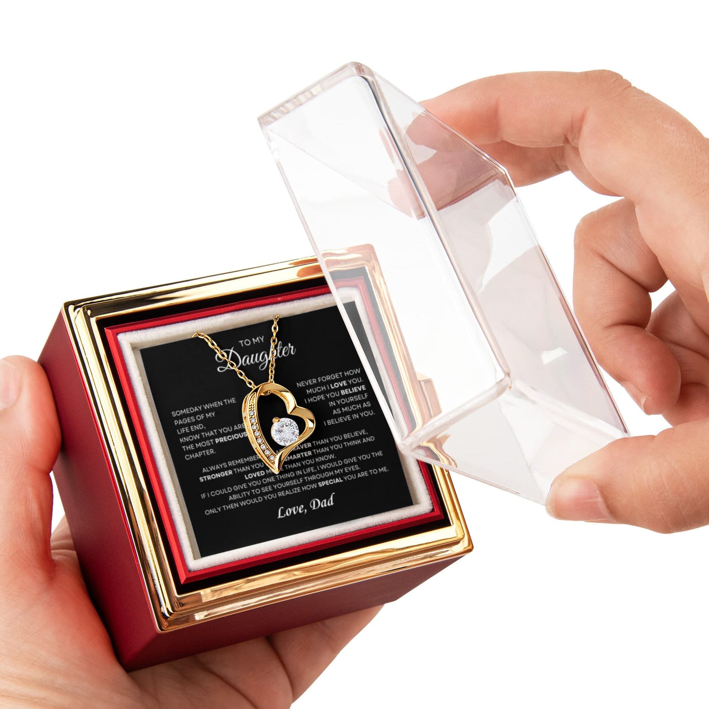 Daughter Necklace from Dad, Forever Love Pendant with Rotating Rose Box, Gift for Birthday, Valentines Day, Graduation, Christmas