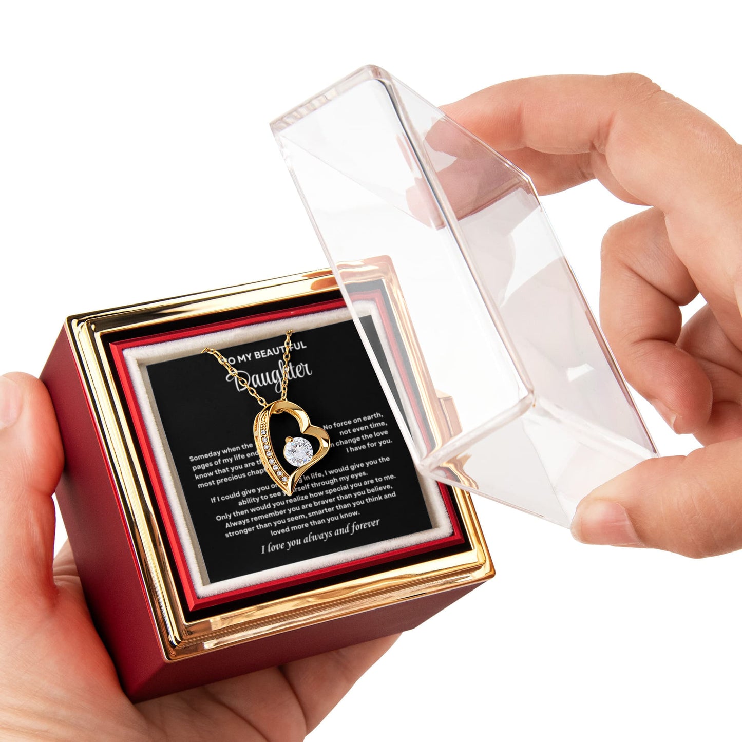 Daughter Necklace from Mom and Dad, Forever Love Pendant with Rotating Rose Box, Gift for Birthday, Valentines Day, Graduation, Christmas