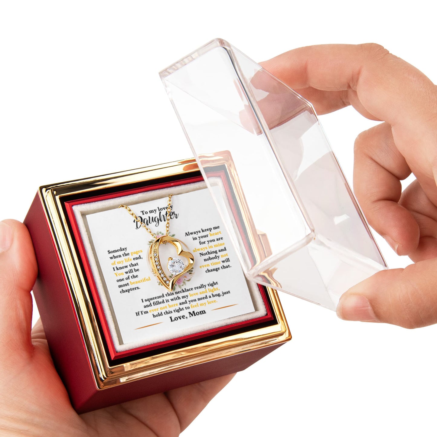 Daughter Necklace from Mom, Forever Love Pendant with Rotating Rose Box, Gift for Birthday, Valentines Day, Graduation, Christmas