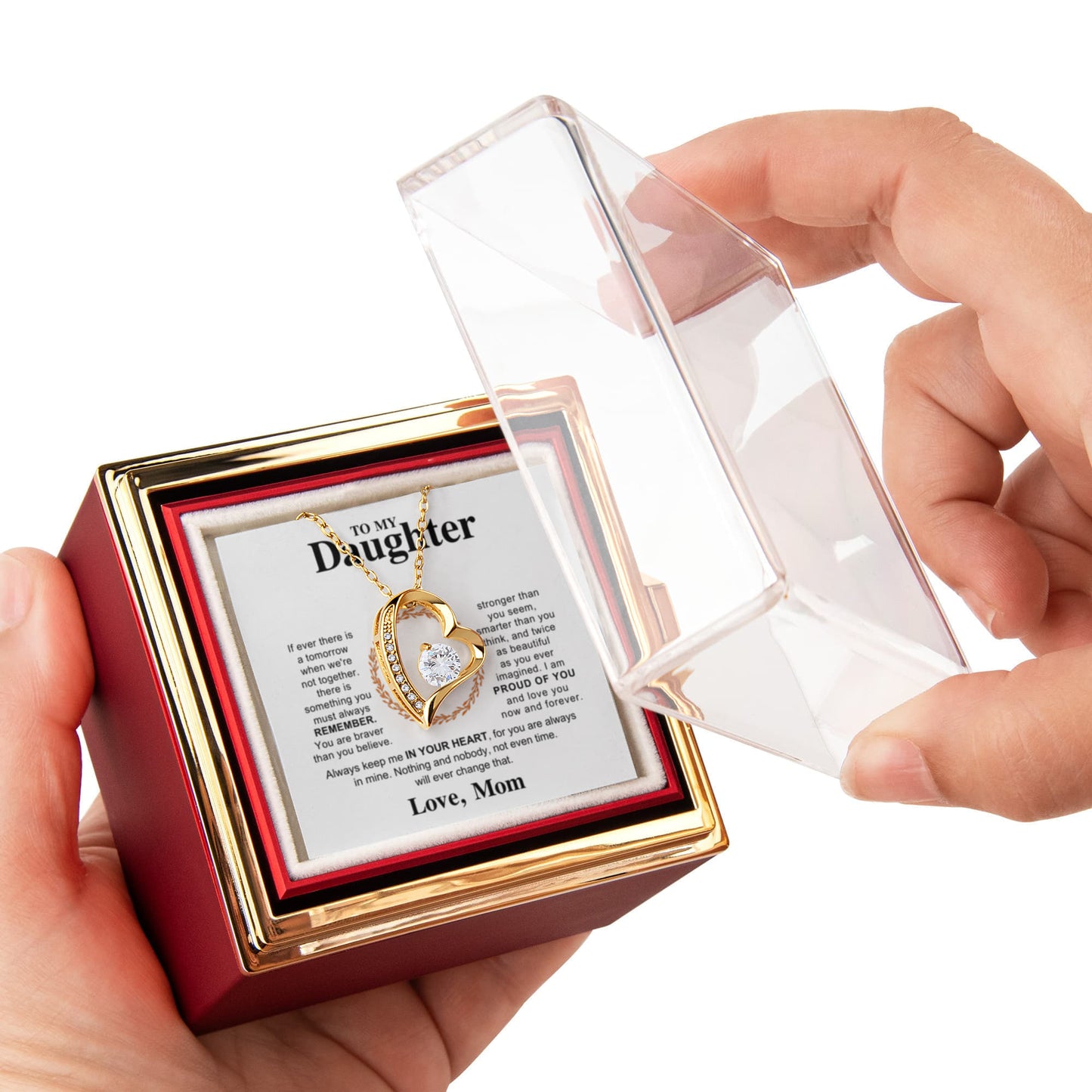 Daughter Necklace from Mom, Forever Love Pendant with Rotating Rose Box, Gift for Birthday, Valentines Day, Graduation, Christmas