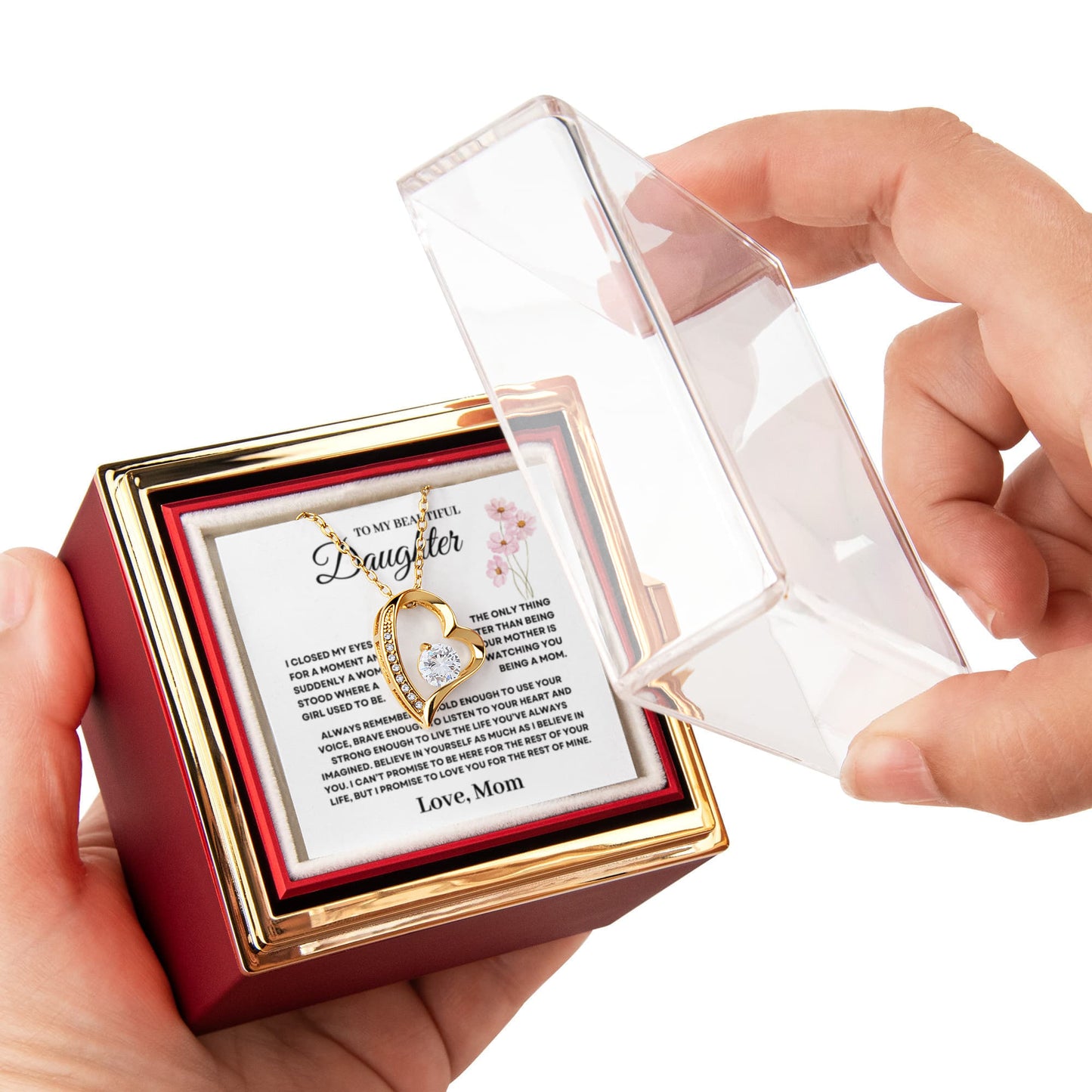 Daughter Necklace from Mom, Forever Love Pendant with Rotating Rose Box, Gift for Birthday, Valentines Day, Graduation, Christmas