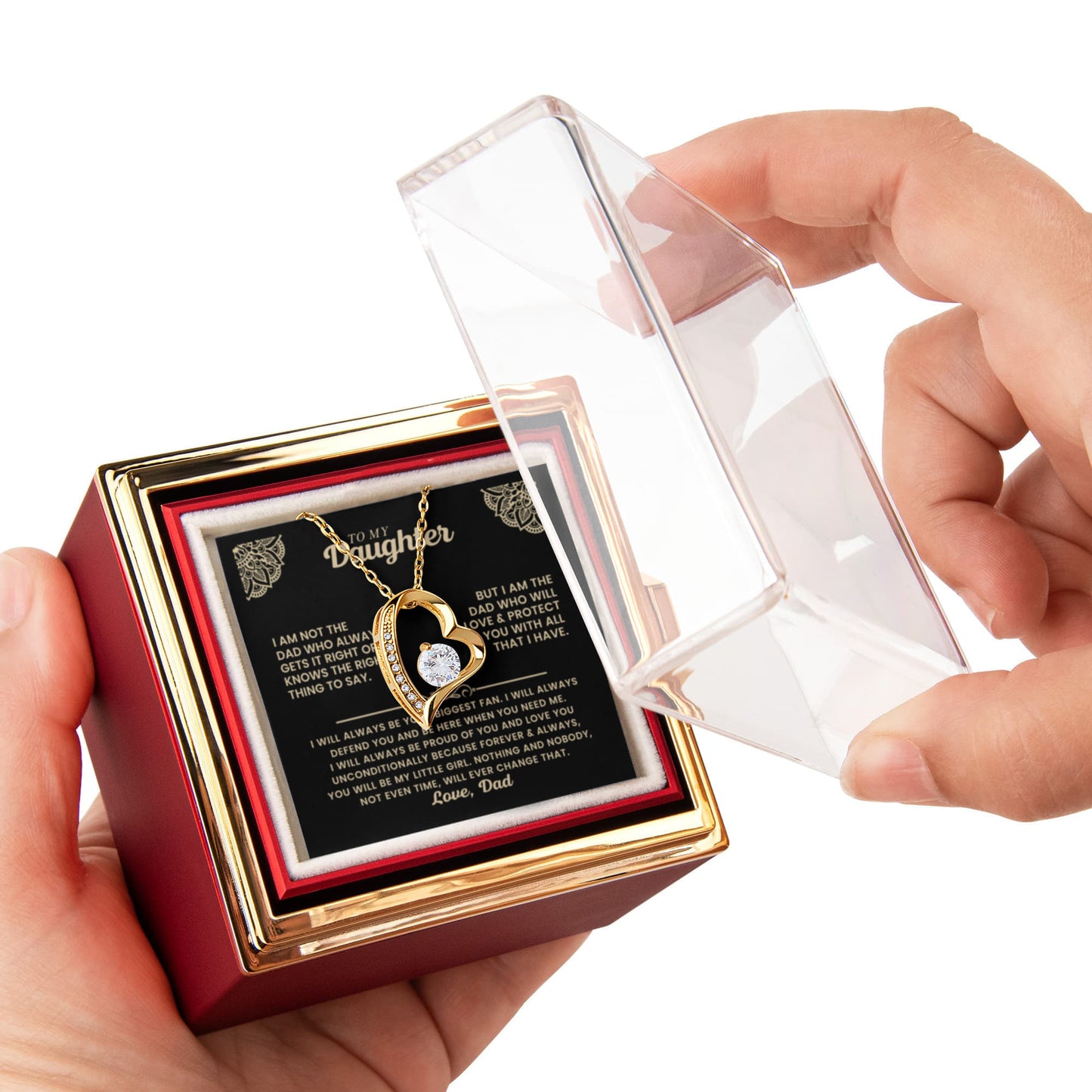 Daughter Necklace from Dad, Forever Love Pendant with Rotating Rose Box, Gift for Birthday, Valentines Day, Graduation, Christmas