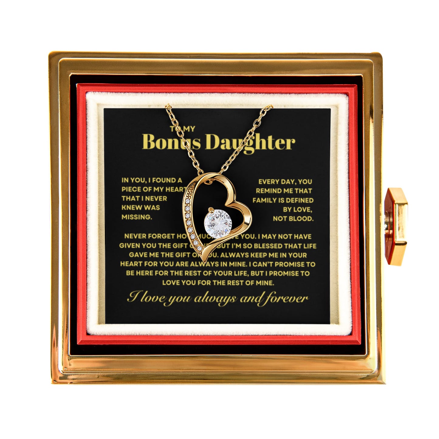 Bonus Daughter Necklace from Step Mom and Dad,  Forever Love Pendant with Rotating Rose Box, Gift for Birthday, Valentines Day, Graduation, Christmas