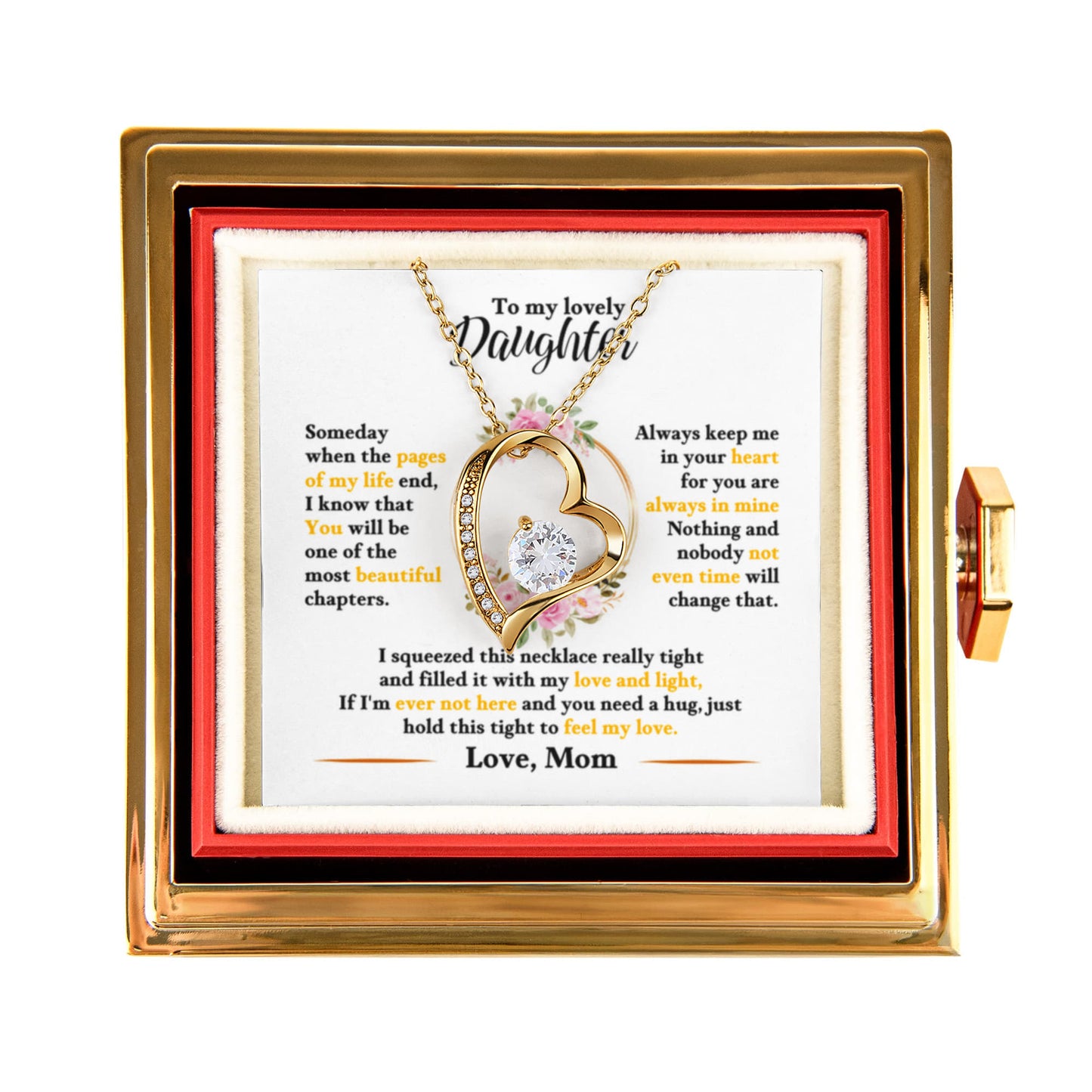 Daughter Necklace from Mom, Forever Love Pendant with Rotating Rose Box, Gift for Birthday, Valentines Day, Graduation, Christmas