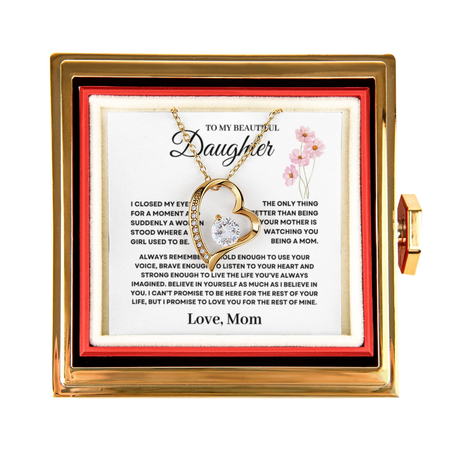 Daughter Necklace from Mom, Forever Love Pendant with Rotating Rose Box, Gift for Birthday, Valentines Day, Graduation, Christmas
