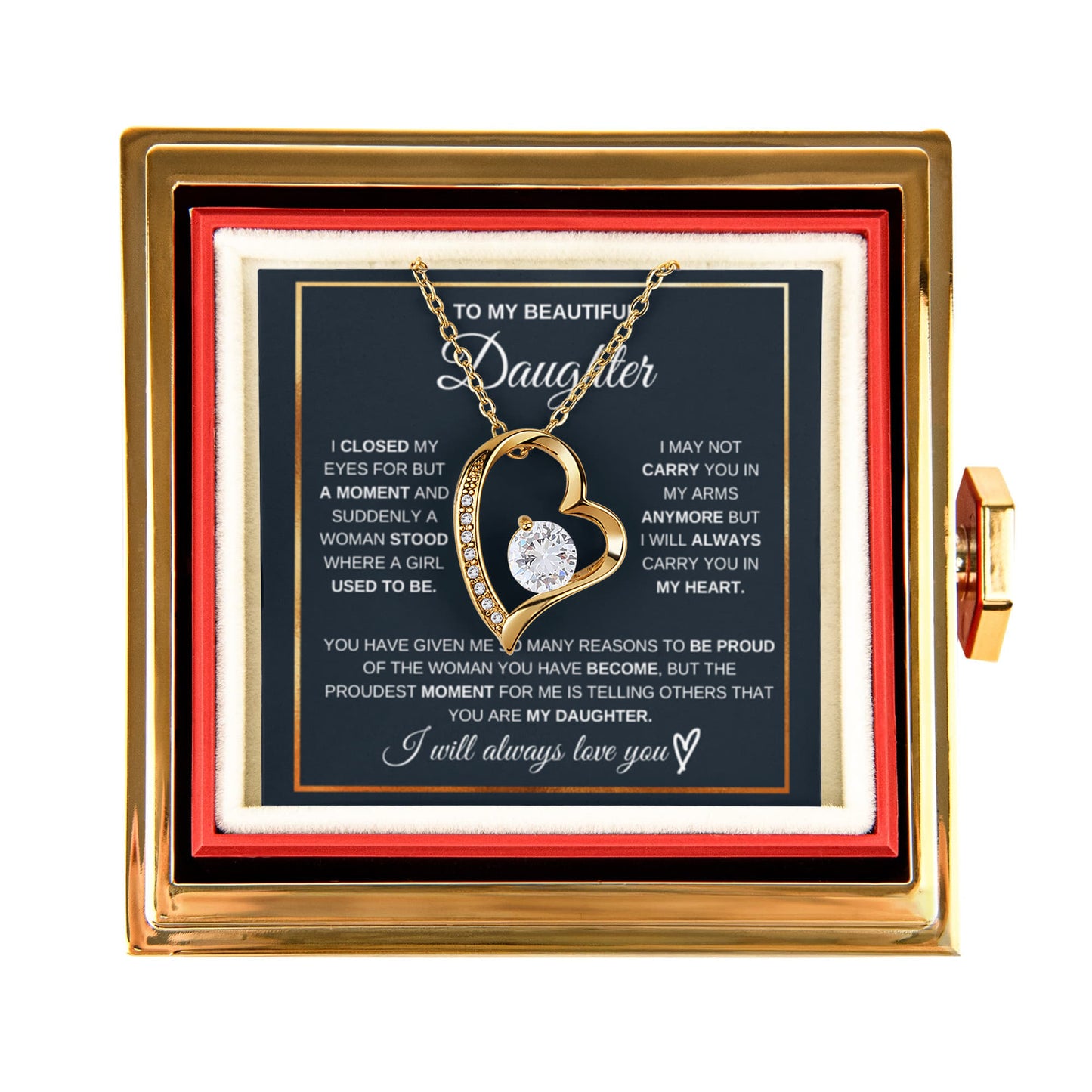 Daughter Necklace from Mom and Dad, Forever Love Pendant with Rotating Rose Box, Gift for Birthday, Valentines Day, Graduation, Christmas