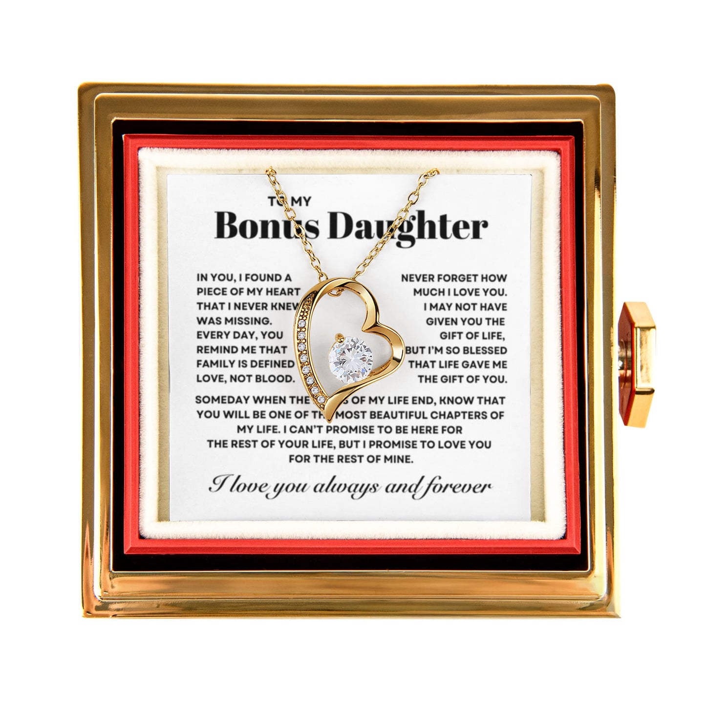 Bonus Daughter Necklace from Step Mom and Dad,  Forever Love Pendant with Rotating Rose Box, Gift for Birthday, Valentines Day, Graduation, Christmas
