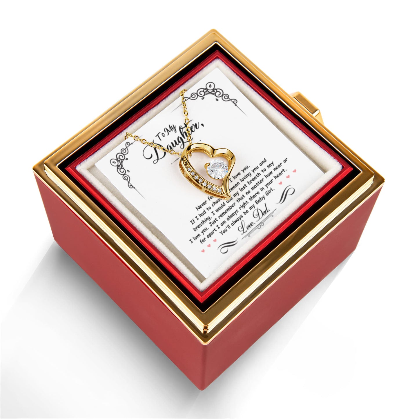 Daughter Necklace from Dad, Forever Love Pendant with Rotating Rose Box, Gift for Birthday, Valentines Day, Graduation, Christmas