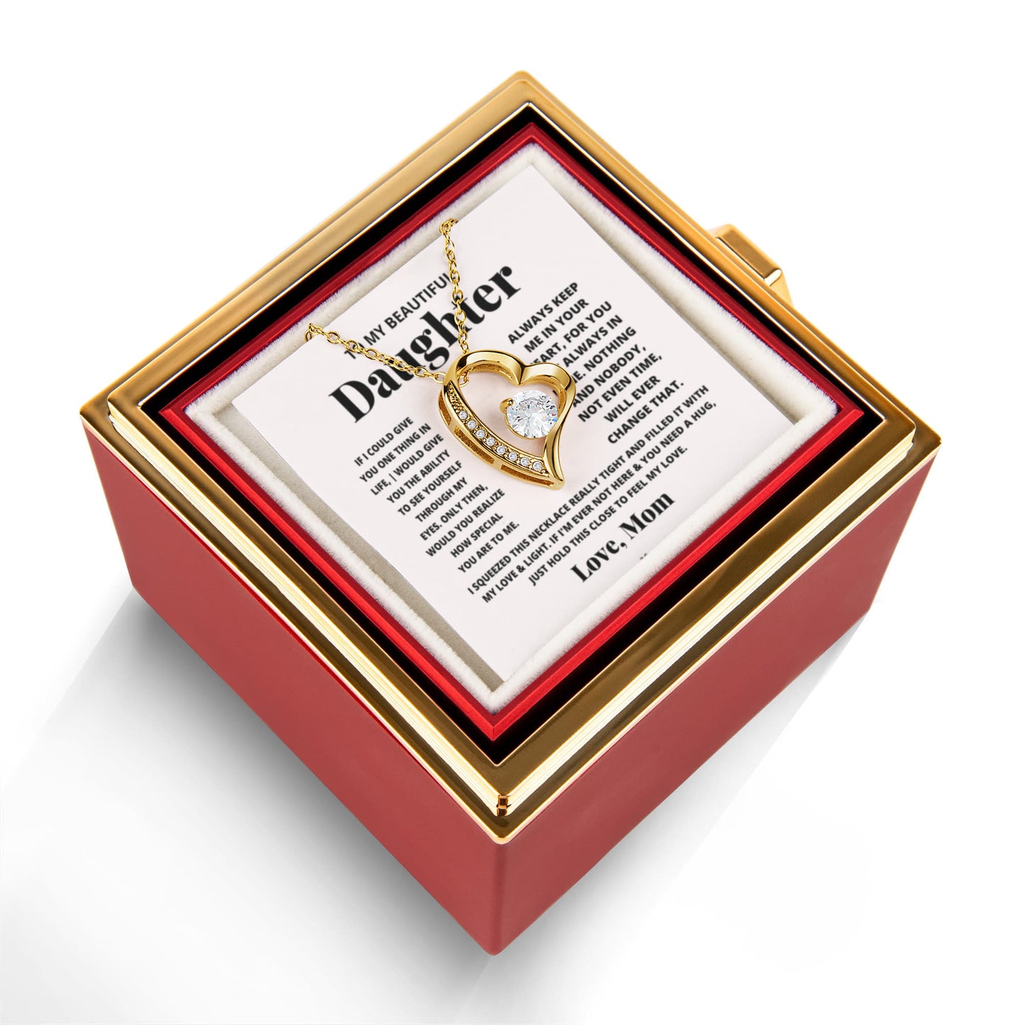 Daughter Necklace from Mom, Forever Love Pendant with Rotating Rose Box, Gift for Birthday, Valentines Day, Graduation, Christmas