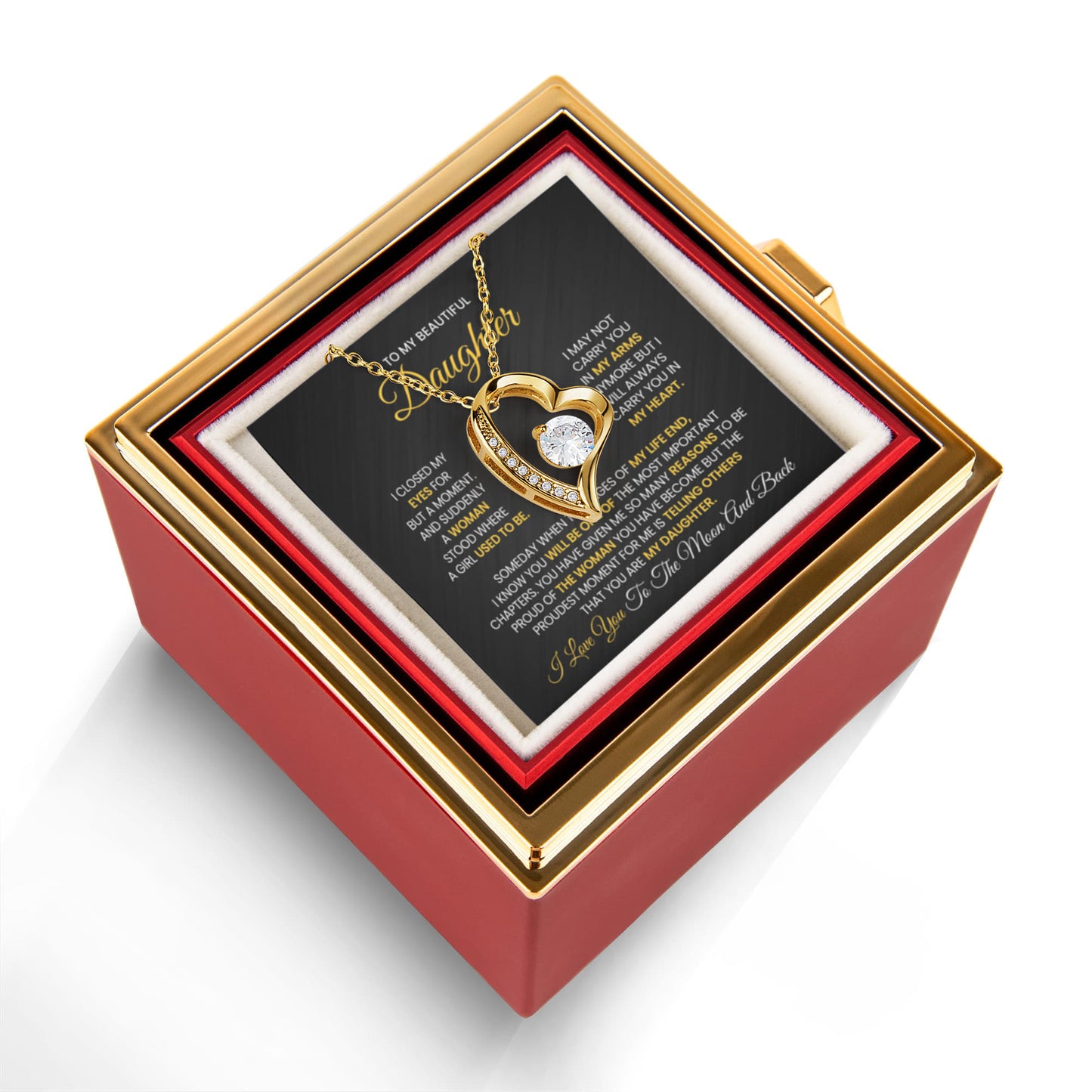 Daughter Necklace from Mom and Dad, Forever Love Pendant with Rotating Rose Box, Gift for Birthday, Valentines Day, Graduation, Christmas