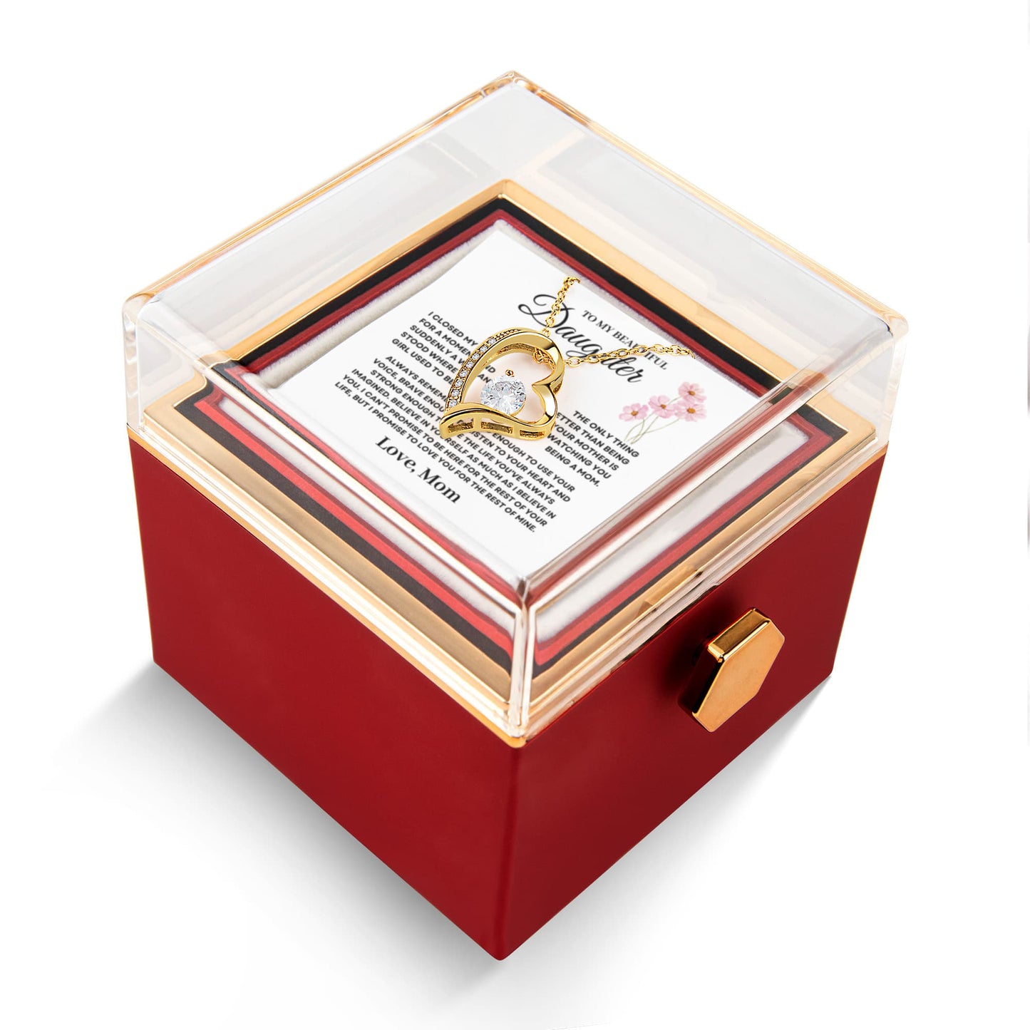 Daughter Necklace from Mom, Forever Love Pendant with Rotating Rose Box, Gift for Birthday, Valentines Day, Graduation, Christmas