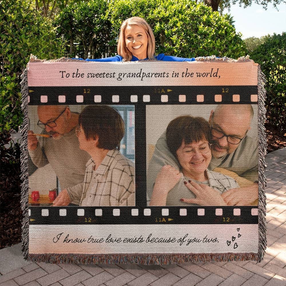 Custom Photo Blanket for Grandparents, Personalized Cotton Woven Throw Blanket for Grandma, Family Keepsake gift for Grandpa Christmas gifts